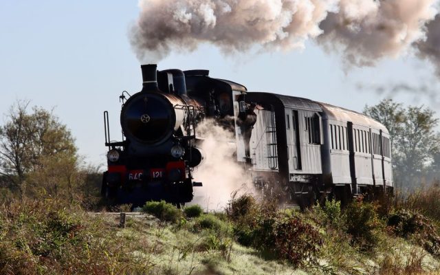 Historic steam train travelling through the Portuguese countryside
