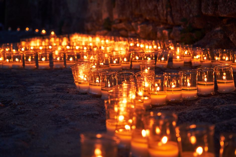 Candles illuminating Lagoa's historic town centre at night