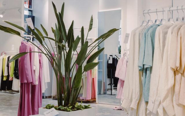 Interior of a boutique clothing shop with racks of garments