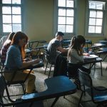 Students sitting a national exam in a Portuguese classroom