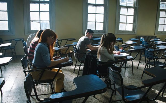 Students sitting a national exam in a Portuguese classroom