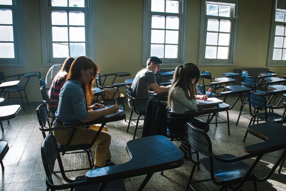 Students sitting a national exam in a Portuguese classroom