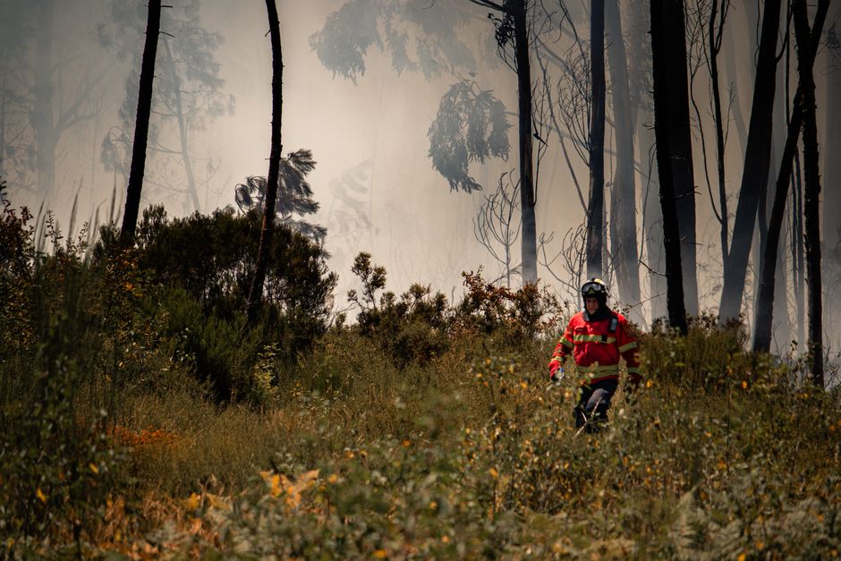 Wildfire smoke rising near a rural Portuguese village